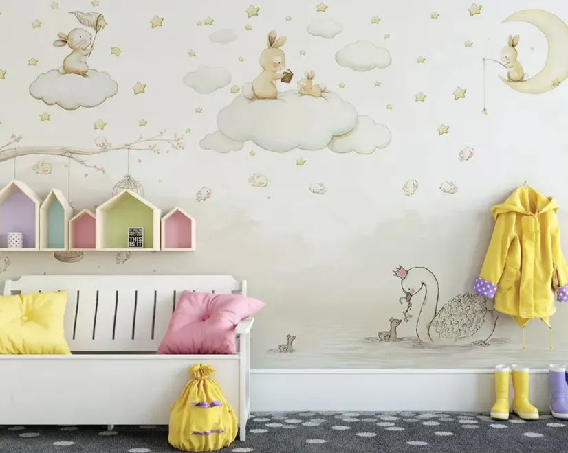 Rabbits on the Clouds and Empty Cages Wallpaper Mural