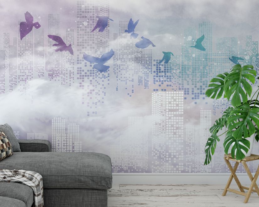 Abstract City with Purple Birds Wallpaper Mural