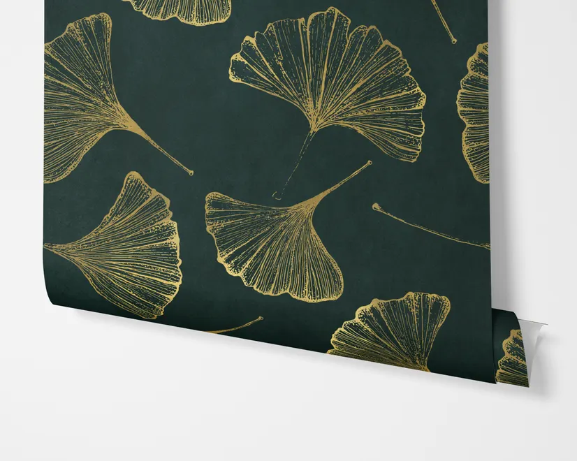 Dark green wallpaper with metallic antique-gold etched ginkgo leaves on a textured forest-green teal ground