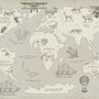 Kids Soft Brown Continent World Map with Drawing Animals Wallpaper Mural