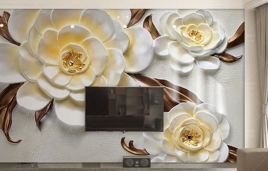 3D Embossed Look Yellow Floral Wallpaper Mural - Peel and Stick
