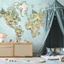 Watercolor Kids World Map with Soft Animals Wallpaper Mural