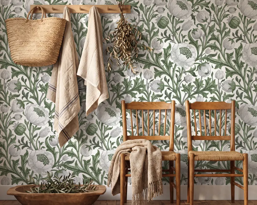 Sage green botanical floral wallpaper with white poppy flowers, lobed leaves and dotted seed centres