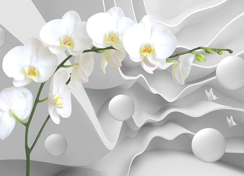 White Orchid Floral with Abstract Stripe Wallpaper Mural