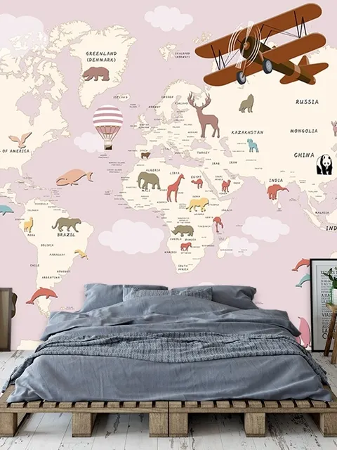 For Kids Pink World Map with Vintage Aircraft and Hot Air Balloon Wallpaper Mural