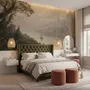 Landscape wallpaper mural with sepia coastal mountains, sailboat, beach figure and foreground tree