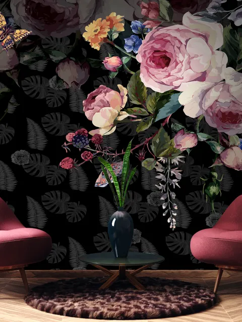 Dark Pink Flowers and Yellow Butterfly Wallpaper Mural