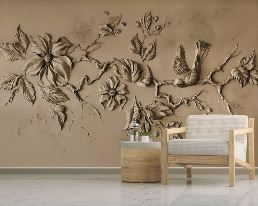Papier peint panoramique floral effet ciment relief 3D