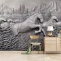 3D Embossed Look Cement Angel Horses Wallpaper Mural