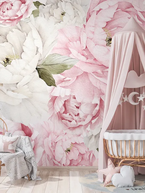 Papier peint panoramique aquarelle rose pivoine fleurie pour chambre d'enfant