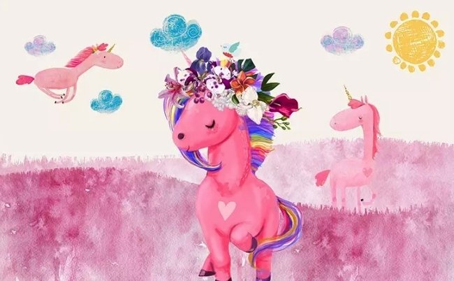 Cartoon Pink Unicorn Drawing Art Wallpaper Mural