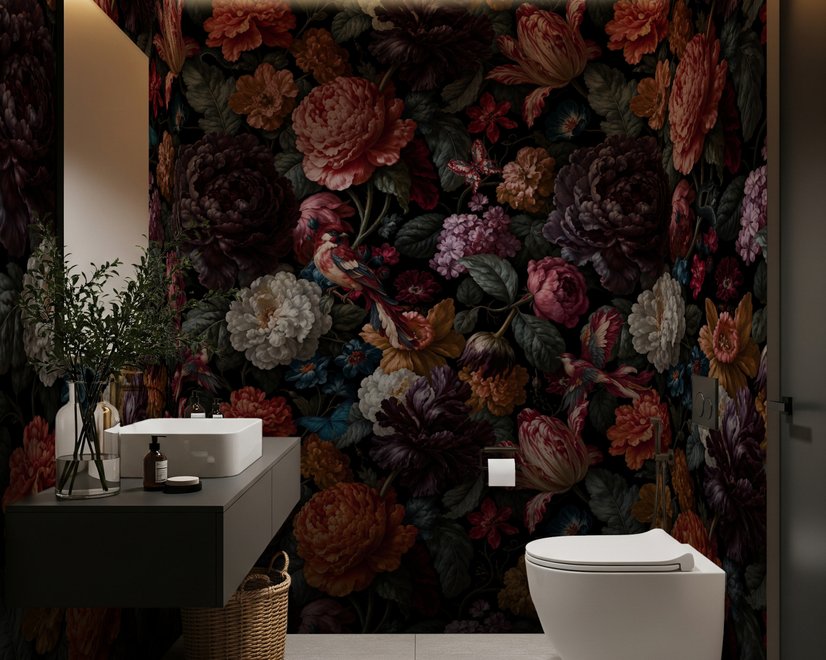 Vintage peony wallpaper mural with plum, blush and ivory flowers, dark foliage and small hummingbirds
