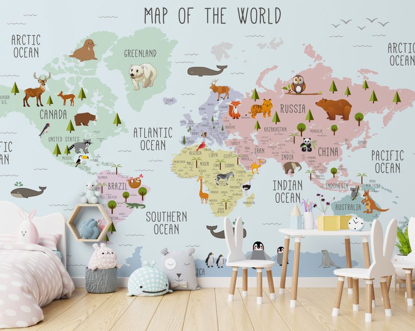 Kids Nursery Educational Continent World Map Wallpaper Mural
