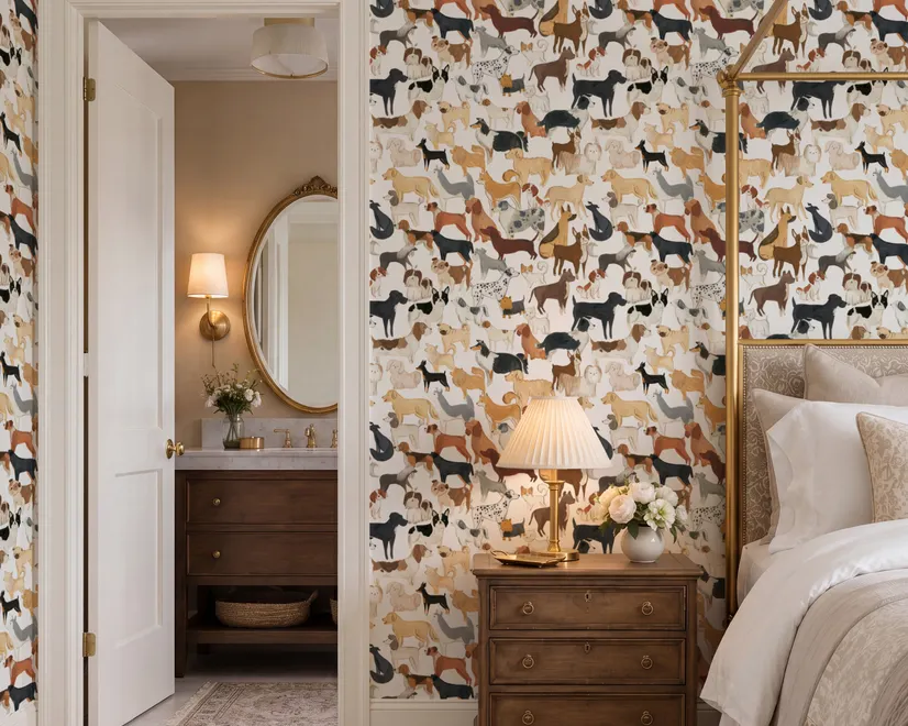 Zoomie kids wallpaper with painted dog breeds in tan, brown, black and grey on white