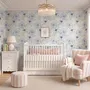 Blue floral wallpaper with watercolour anemone blooms, mint sage leaves and yellow ochre centres on white