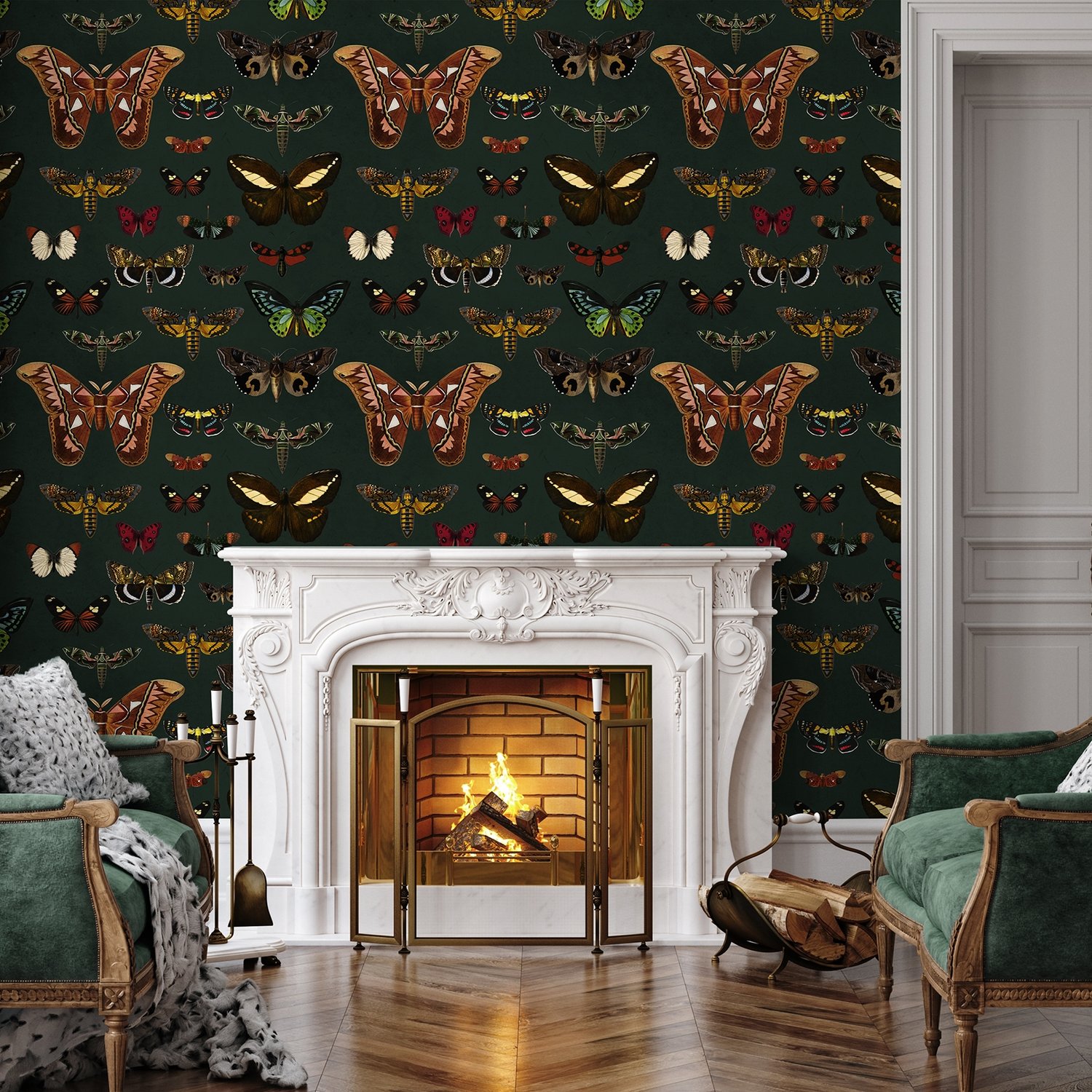 Colorful Butterfly Patterns on Green Background Wallpaper Mural - Peel and Stick