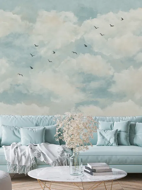 Papier peint nuages abstraits et oiseaux