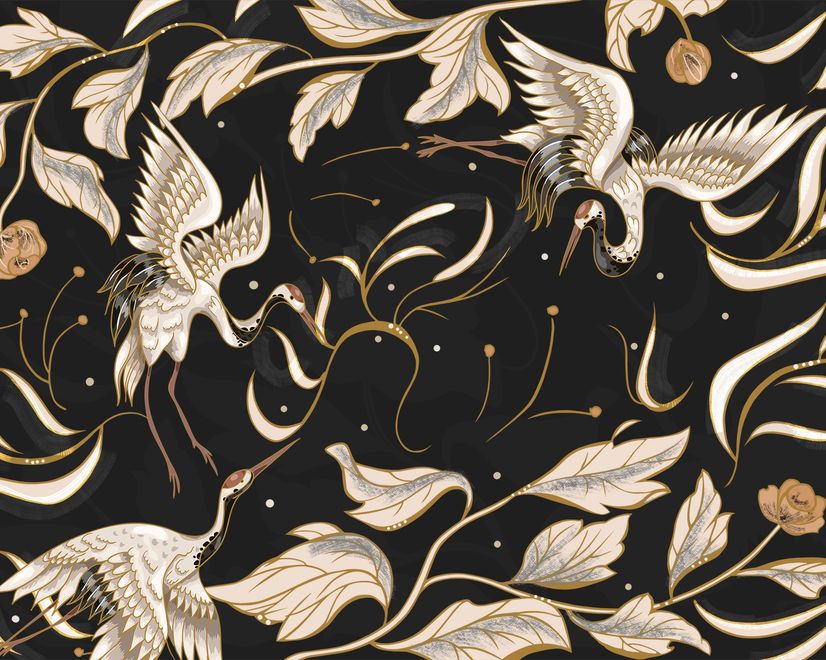 Papier peint oiseaux grue sombres fleurs rétro marron