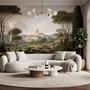 Vintage oil painting wallpaper of cypress trees, villas and a domed cathedral in an Italian landscape