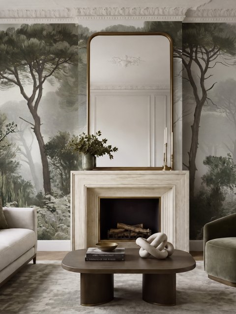 Forest in fog wallpaper with tall pine trees, grey mist, shrubs and a spiky palm in watercolour.