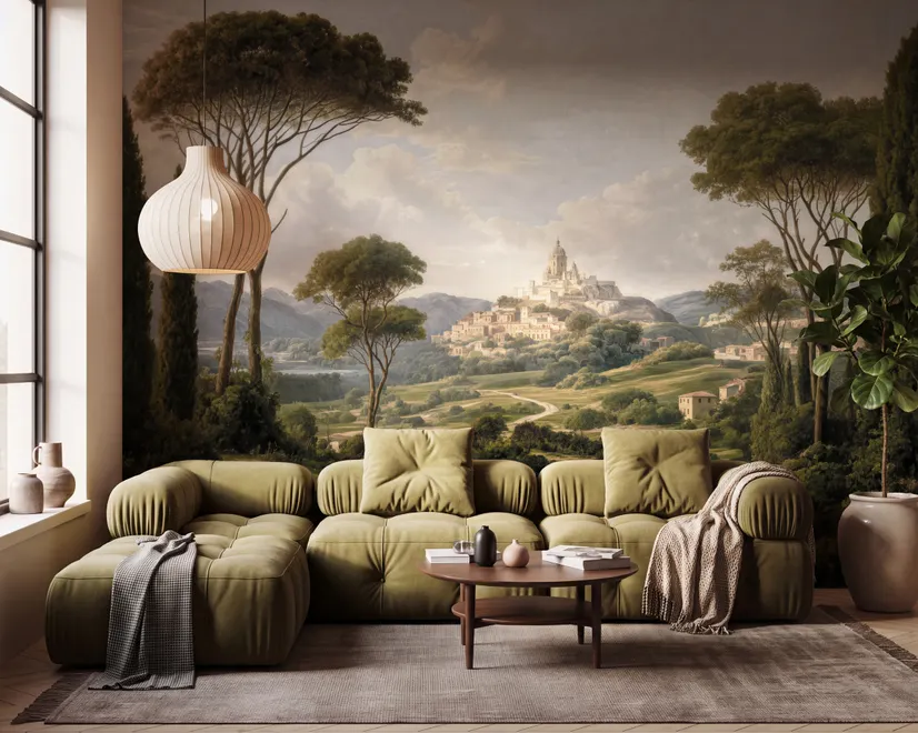 Vintage oil painting wallpaper of cypress trees, villas and a domed cathedral in an Italian landscape