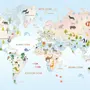 Kids Blue Pink Yellow World Map with Cartoon Animals Wallpaper Mural