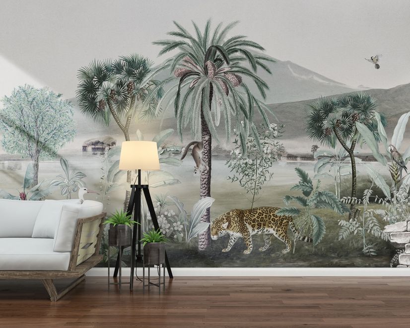 Vintage Exotic Landscape with Wild Animals Wallpaper Mural