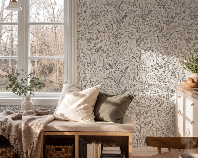 Black outline botanical wallpaper with charcoal wildflowers and grasses on a warm ivory cream ground