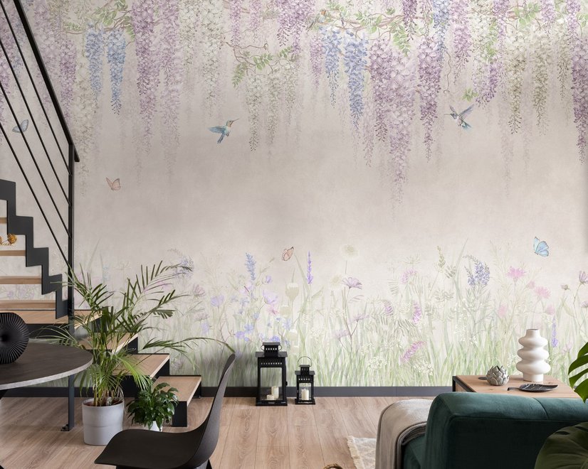 Watercolor Hanging Wisteria Flowers with Hummingbirds Wallpaper Mural 