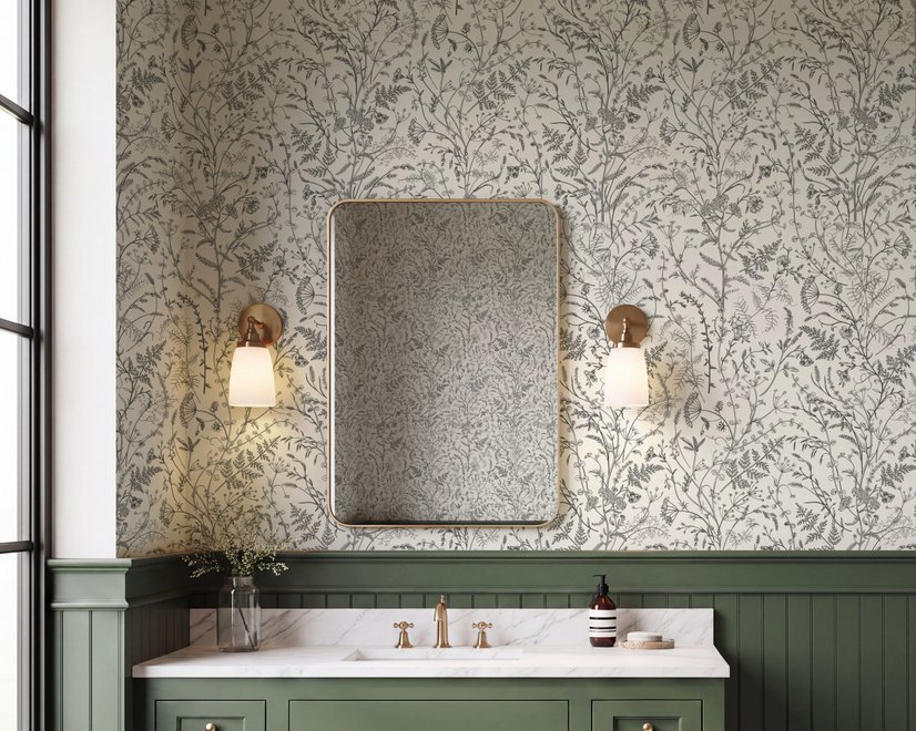 Black outline botanical wallpaper with charcoal wildflowers and grasses on a warm ivory cream ground