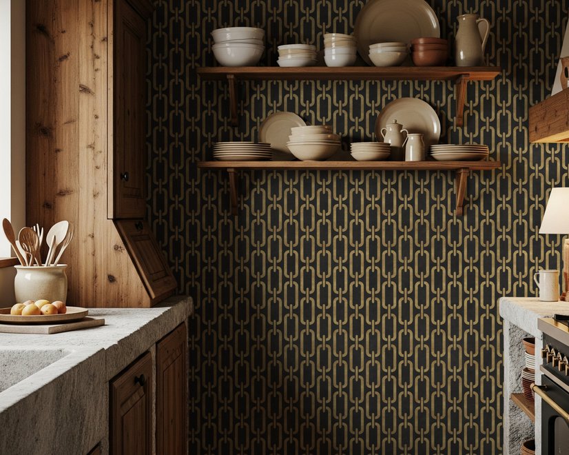 Black wallpaper with gold vertical chain link Art Deco repeat on a textured charcoal ground