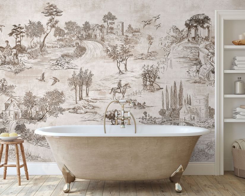 Vintage Monochrome Jouy Style Landscape Wallpaper Mural