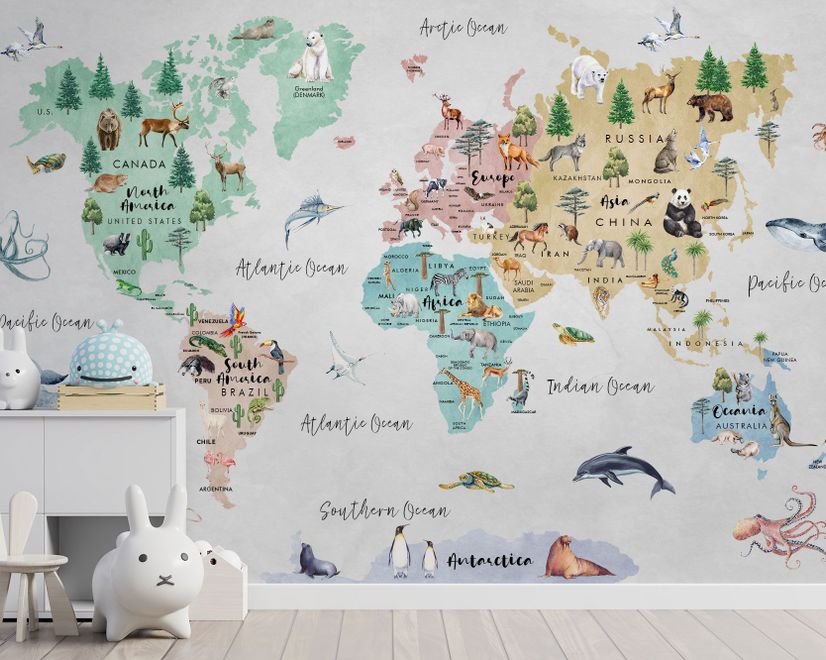 Kids Watercolor World Map Wallpaper Mural