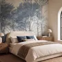 Blue forest background wallpaper mural with coastal trees, sea water and small white sailboats