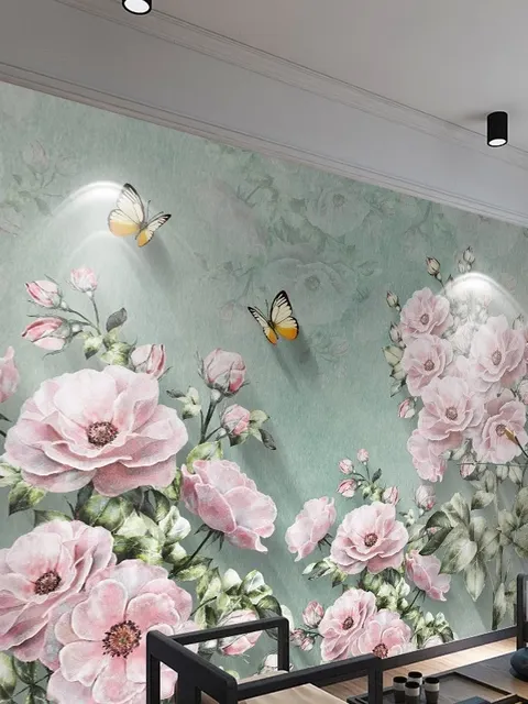 Vintage Pink Floral and Yellow Butterfly Wallpaper Mural