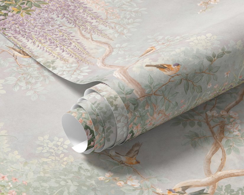 Watercolour nature wallpaper with lilac wisteria, pale trees, sage foliage and small songbirds around a misty clearing