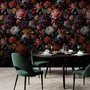 Vintage peony wallpaper mural with plum, blush and ivory flowers, dark foliage and small hummingbirds