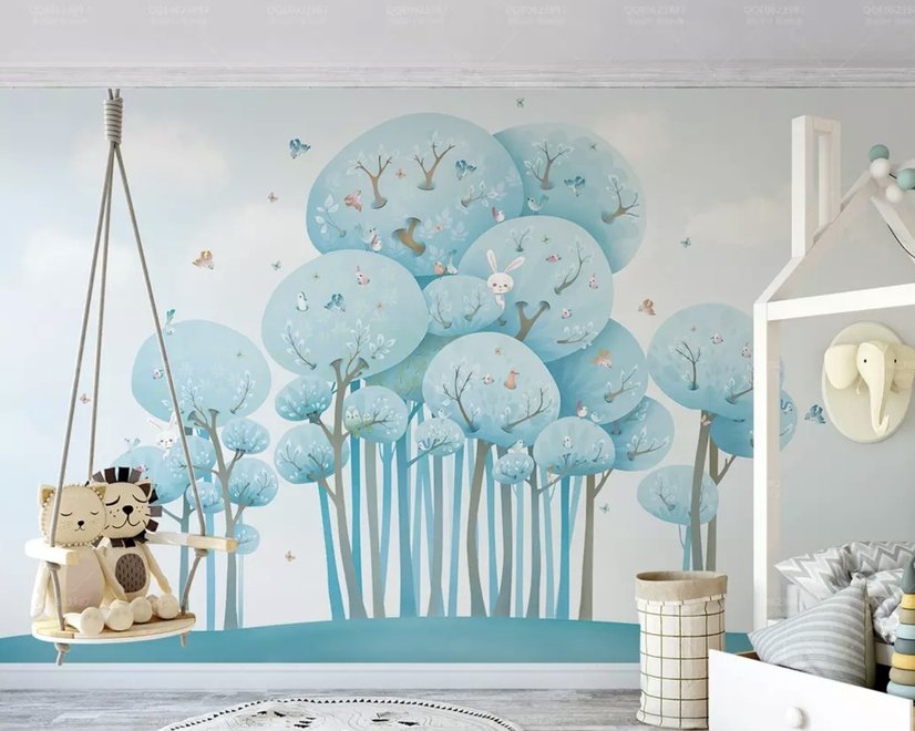 Watercolor Cartoon Blue Forest Landscape Wallpaper Mural