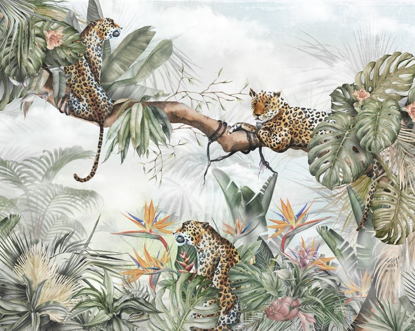 Leopards and Tropical Leaves Wallpaper Mural