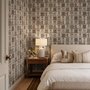 Vintage city wallpaper with illustrated European townhouses, lamps, bicycles, benches and orange-gold trees