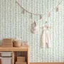 Blue floral stripe wallpaper with pale sky-blue bell flowers, green vines and sage bands on white