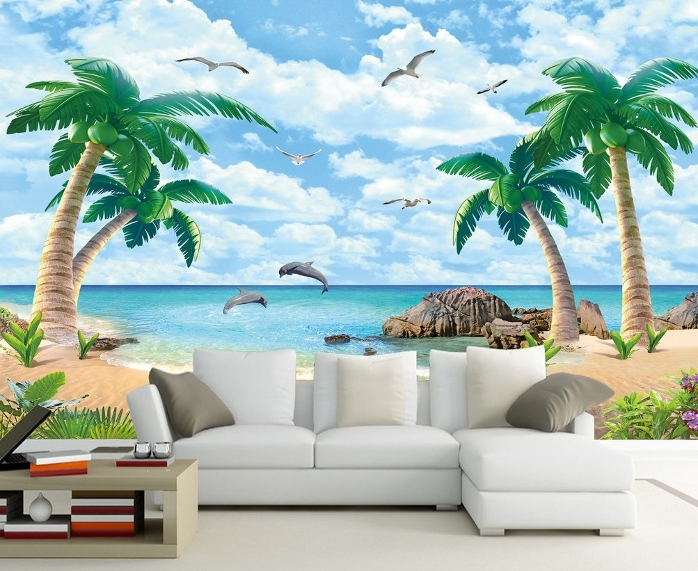 Sea Landscape and Palm Tree Wallpaper Mural - Peel and Stick