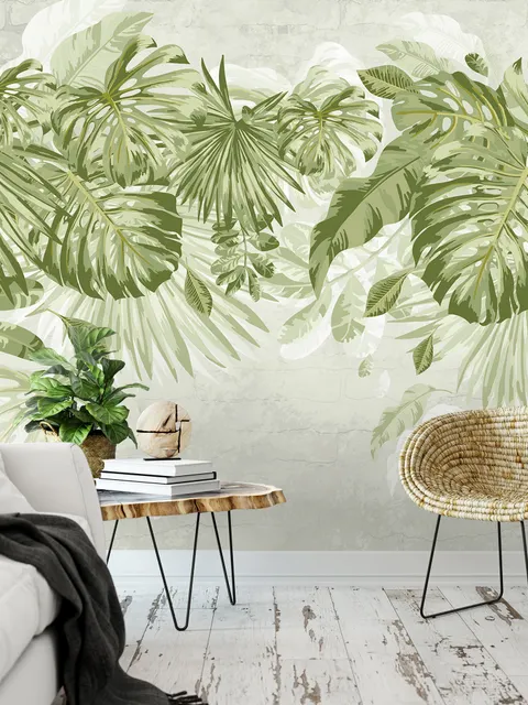 Papier peint panoramique aquarelle feuilles tropicales