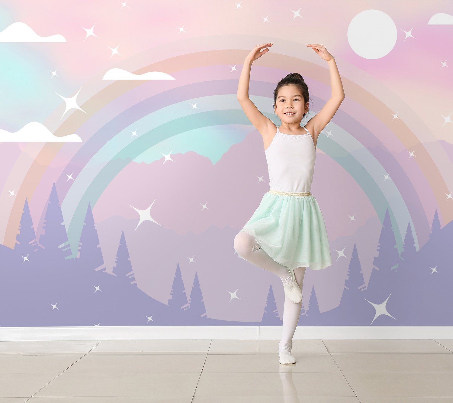 Kids Nursery Rainbow with Colorful Mountains and Shiny Stars Wallpaper Mural - Peel and Stick