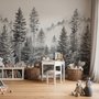 Monochrome forest with fog wallpaper mural showing tall pine trees, firs and silver-grey mist