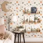 Cute autumn wallpaper with white ghosts, orange pumpkins, black bats and sage striped background