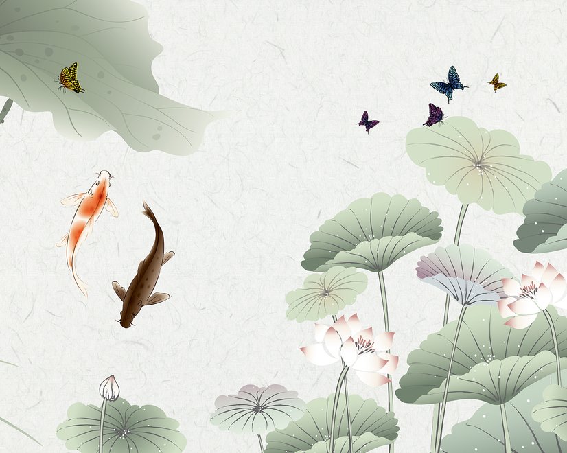 Aquarell Lotusblume und Schmetterlinge Fototapete