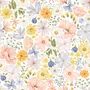 Spring floral wallpaper with pastel watercolour flowers and sage leaves on a clean white ground