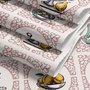 Bar wallpaper with cream tile grid, dusty rose arches, illustrated wine bottles, fruit and café still lifes