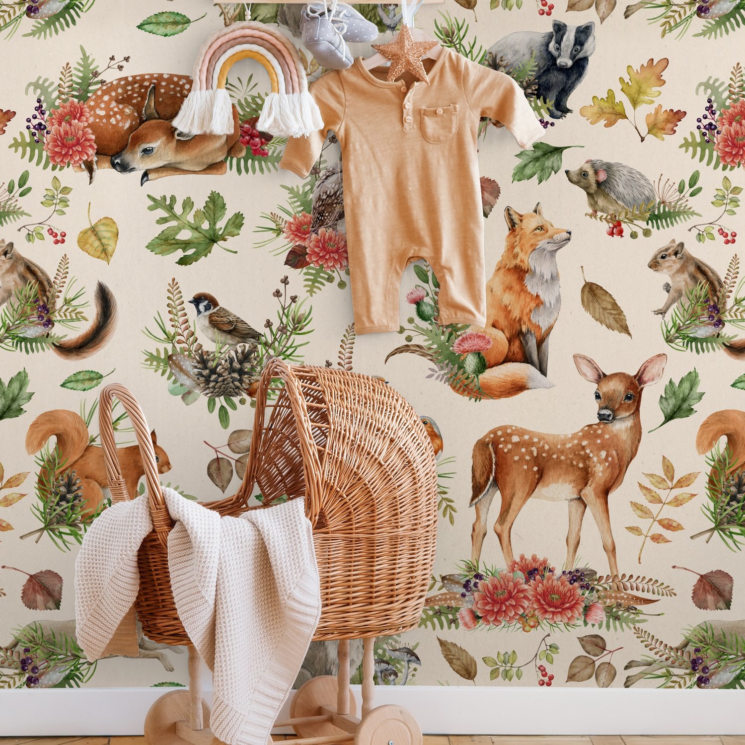 Nursery Watercolor Cute Forest Animals Pattern Wallpaper Mural - Peel and Stick